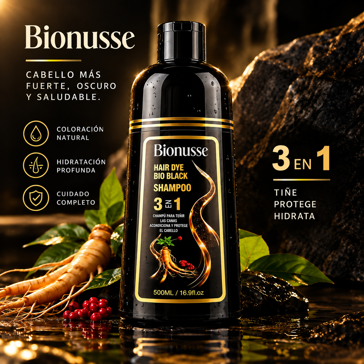 Champú Bionusse 3 en 1 para Canas – Coloración y Cuidado 500 ml