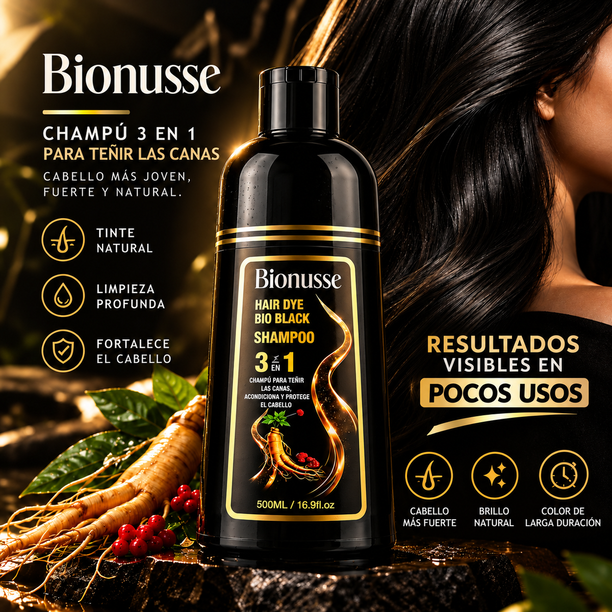 Champú Bionusse 3 en 1 para Canas – Coloración y Cuidado 500 ml