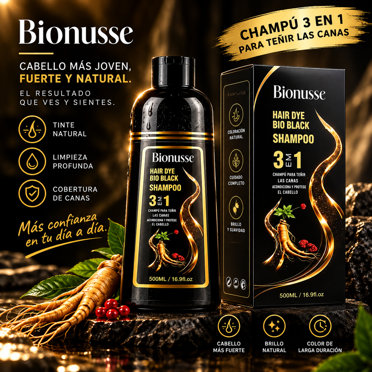 Champú Bionusse 3 en 1 para Canas – Coloración y Cuidado 500 ml